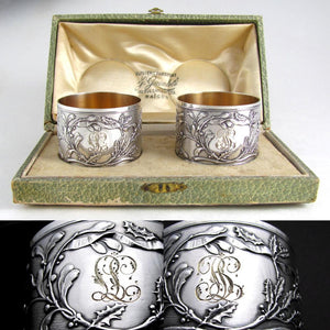 Pair Antique French Sterling Silver Napkin Rings, Neoclassical Foliage & Ribbon