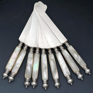 Set of Antique French Sterling Silver Table Knives with Mother of Pearl Handles