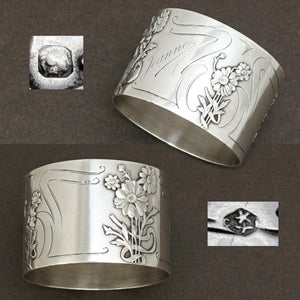 French sterling silver napkin ring Art Nouveau flowers antique