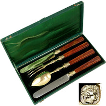 Load image into Gallery viewer, Antique French Sterling Silver Flatware Set Gilt Vermeil Jasper Stone Handles
