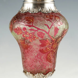 French Art Nouveau Sterling Silver Cranberry Overlay Cameo Glass Sugar Shaker, Caster
