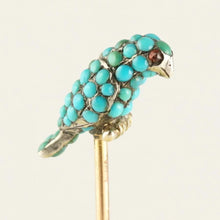 Load image into Gallery viewer, Victorian French 18K Rose Gold Turquoise Bird, Parrot, Silver Stick Pin Brooch, Garnet Eyes
