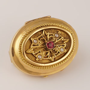 Antique French 18K Gold Locket Brooch Pin Ruby & Pearls