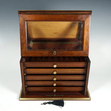 Load image into Gallery viewer, Antique French Burl Wood &amp; Brass Inlaid Cigar Caddy Box, Beveled Glass Door Front, Presenter Cabinet, Chest, Lock &amp; Key
