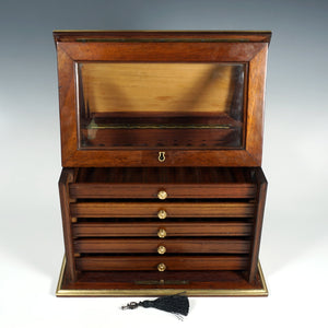 Antique French Burl Wood & Brass Inlaid Cigar Caddy Box, Beveled Glass Door Front, Presenter Cabinet, Chest, Lock & Key