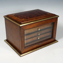 Load image into Gallery viewer, Antique French Burl Wood &amp; Brass Inlaid Cigar Caddy Box, Beveled Glass Door Front, Presenter Cabinet, Chest, Lock &amp; Key

