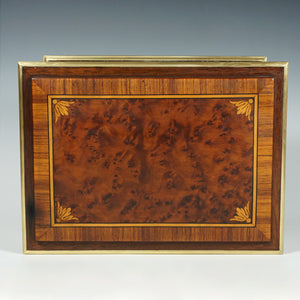 Antique French Burl Wood & Brass Inlaid Cigar Caddy Box, Beveled Glass Door Front, Presenter Cabinet, Chest, Lock & Key