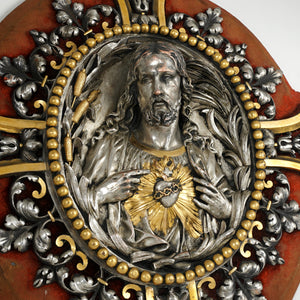 Antique French Jesus Sacred Heart Silver & Gold Gilt Bronze Religious Icon Wall Plaque