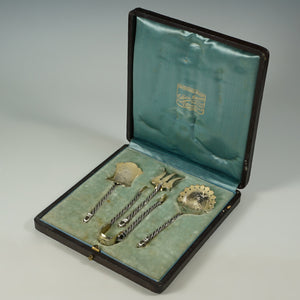 Antique French Sterling Silver Set Dessert Hors d'Oeuvre Servers Aesthetic Movement Gilt Vermeil Engraved Insects