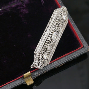 art deco 14k white gold filigree diamond brooch