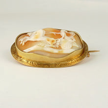 Load image into Gallery viewer, Antique French 18K Yellow Gold Hand Carved Shell Cameo Brooch, Eagle Hallmark, Goddess Dawn &amp; Horses
