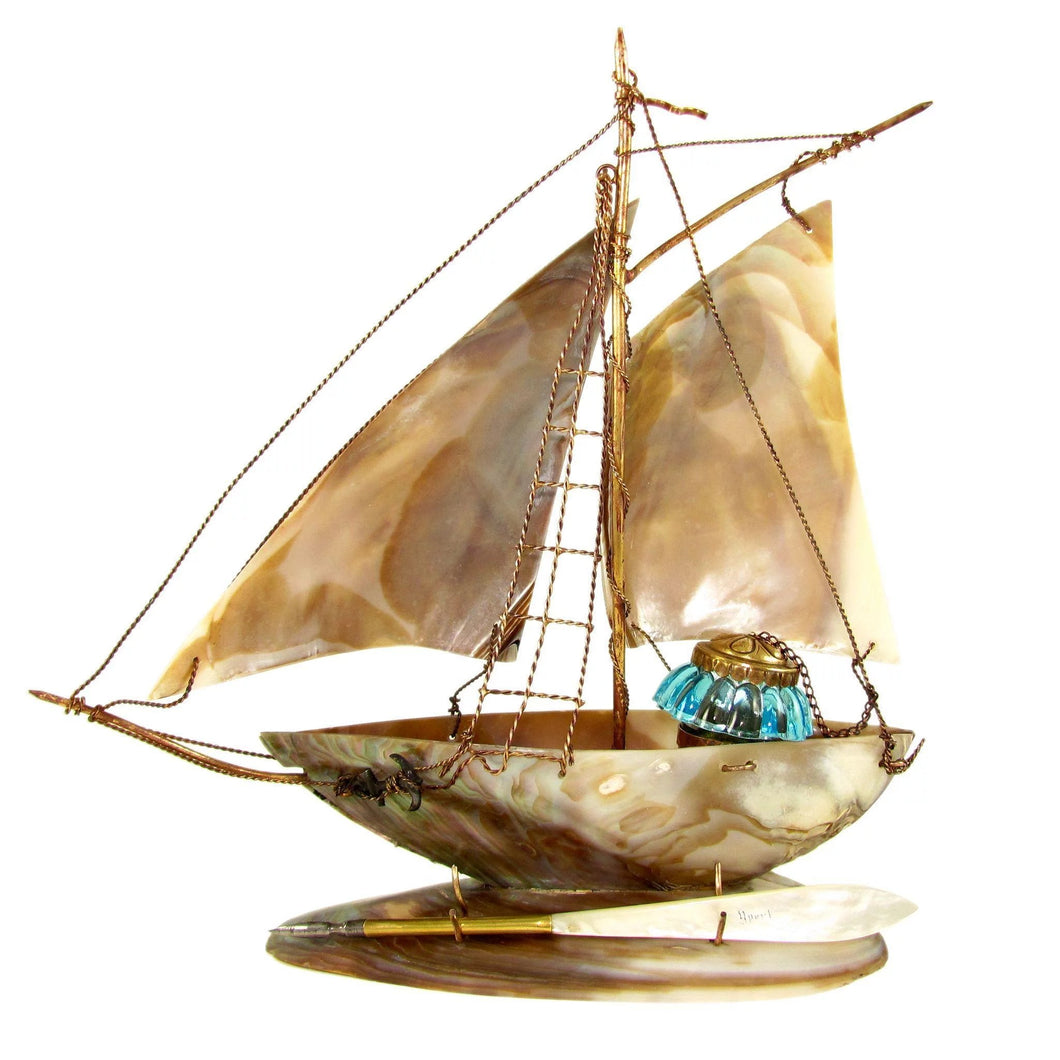 Antique French mother of pearl inkwell, Grand Tour souvenir, figural sail boat desk accessory  