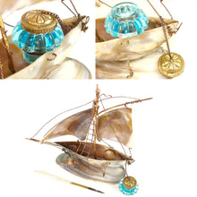 Load image into Gallery viewer, Antique French mother of pearl inkstand, electric blue glass inkwell, in the form of a sail boat
