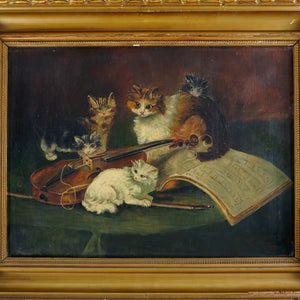 Signed French Oil on Canvas Portrait, Playful Kittens / Cat Genre Painting