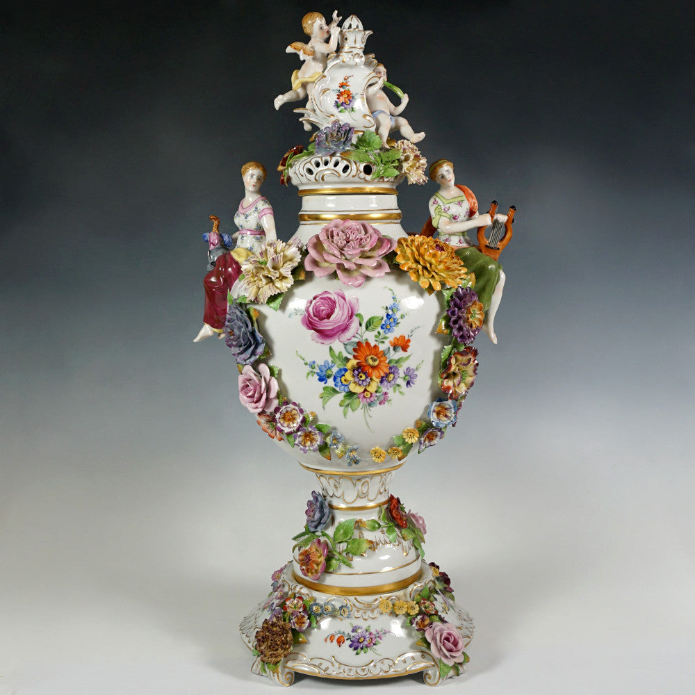 Large German Porcelain Urn Von Schierholz | Hand Painted Applied Flowers, Putti & Maiden Figures