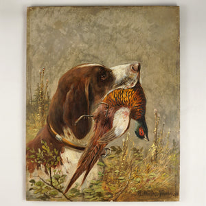 Antique German Hunting Scene Painting Moritz Müller (1841-1899) Munich Artist, Pointer Dog & Pheasant