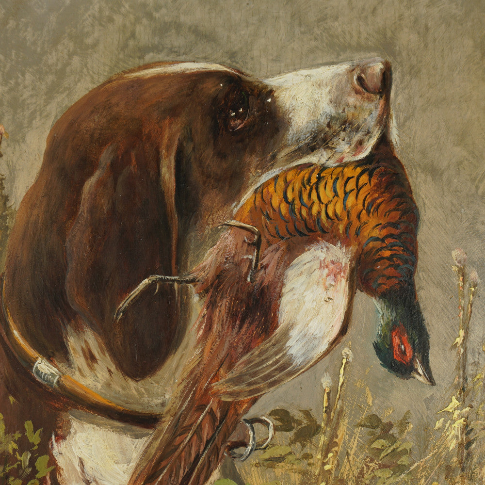 Antique German Hunting Scene Painting Moritz Müller (1841-1899) Munich Artist, Pointer Dog & Pheasant
