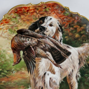 Antique French Limoges Porcelain Hand Painted Scene Hunting Dog & Pheasant Charger Plate, Artist Signed Roche