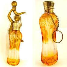 Load image into Gallery viewer, Antique Bohemian Cut to Clear Amber Overly Scent / Perfume Bottle Chatelaine, Dog &amp; Bird Theme
