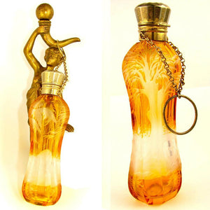 Antique Bohemian Cut to Clear Amber Overly Scent / Perfume Bottle Chatelaine, Dog & Bird Theme