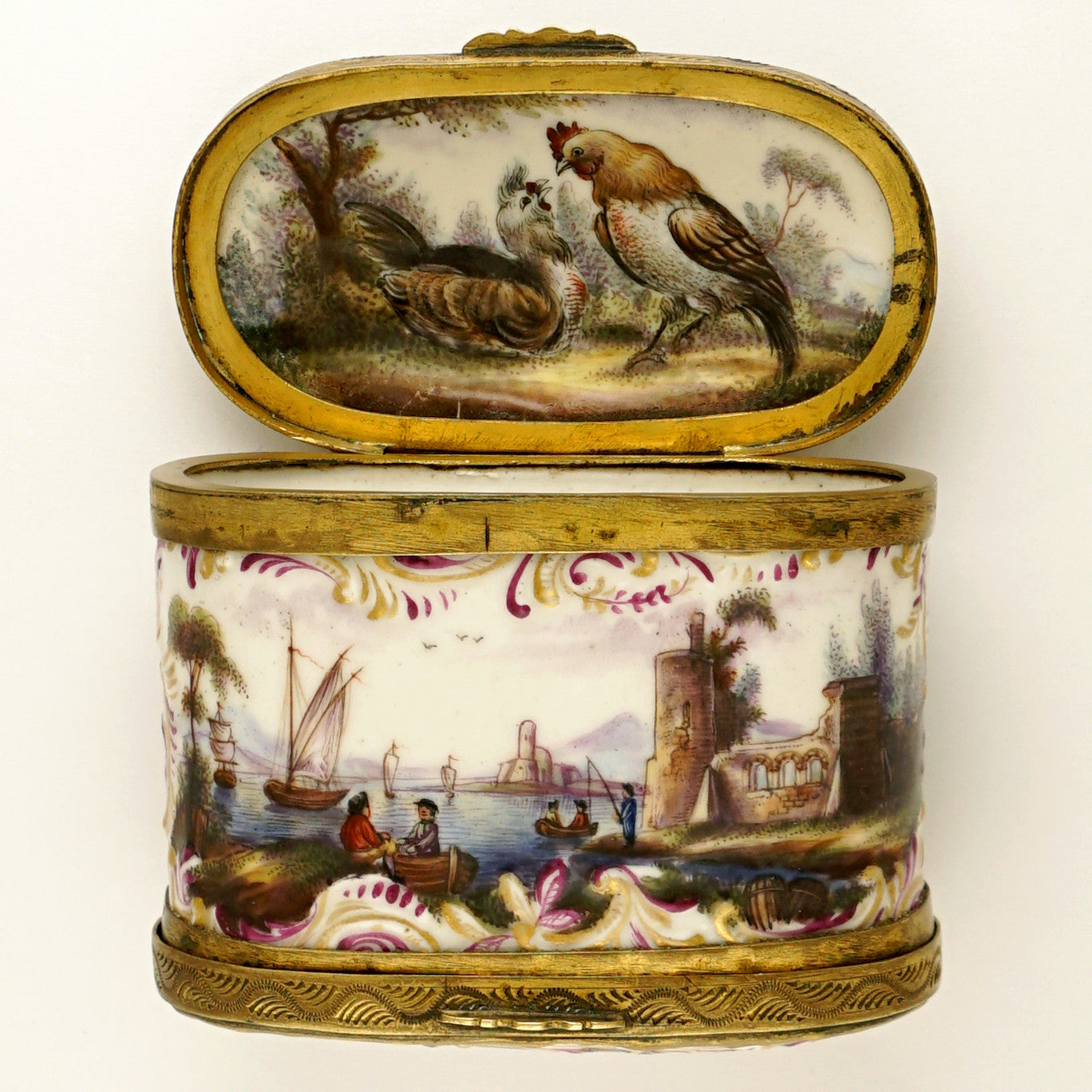 Box, Porcelain Gilt Antique Doubl German Mounted Boutique Rare Tabatiere, – Antique The 18thc