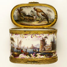 Load image into Gallery viewer, Meissen porcelain snuff box, hand painted rooster &amp; harbor scenes
