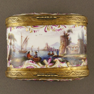 Antique 18thc German Porcelain Gilt Mounted Box, Tabatiere, Rare Double Sided Dual Lids, Hand Painted Maritime Scenes & Chickens