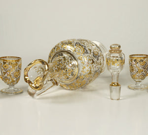 Antique Bohemian Moser Raised Gold Enamel Glass Liquor Service Decanter Cordials