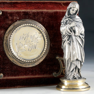 Antique .900 Silver Religious Virgin Mary Figural Wax Seal Desk Stamp, Original Box