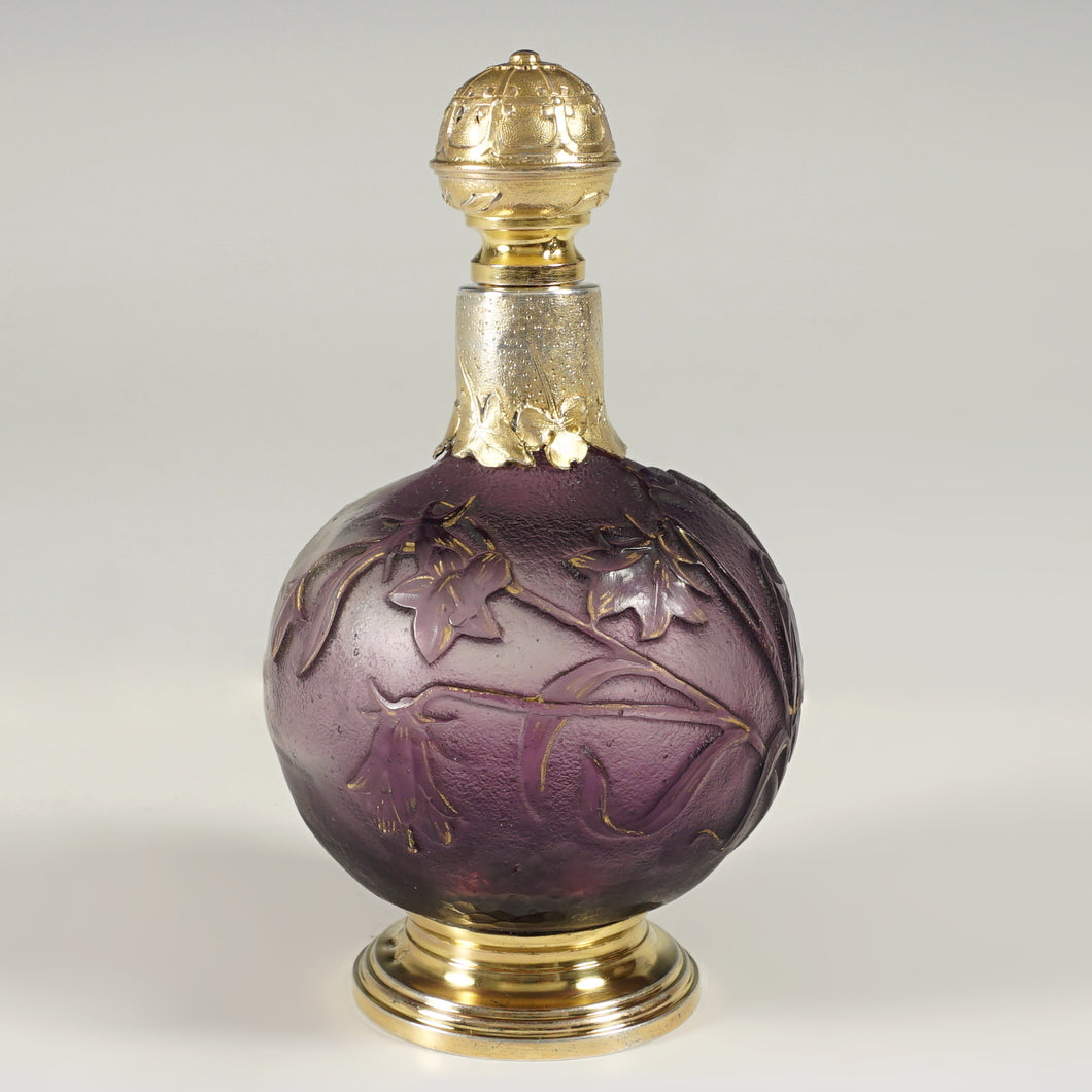 Antique French Burgun, Schverer & Cie (B.S. & Cie) Acid Cameo Glass Perfume Bottle, Gold Vermeil Sterling Silver Mounts, Art Nouveau Flowers