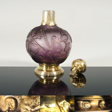 Load image into Gallery viewer, Antique French Burgun, Schverer &amp; Cie (B.S. &amp; Cie) Acid Cameo Glass Perfume Bottle, Gold Vermeil Sterling Silver Mounts, Art Nouveau Flowers
