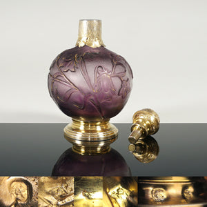 Antique French Burgun, Schverer & Cie (B.S. & Cie) Acid Cameo Glass Perfume Bottle, Gold Vermeil Sterling Silver Mounts, Art Nouveau Flowers