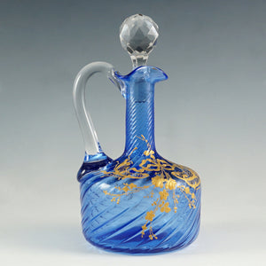 Antique French Blue Glass Liquor Set | Raised Gold Enamel & Swirl Pattern | Decanter & Cordial Aperitif Service