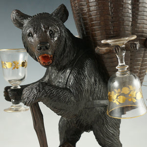 Antique Black Forest Carved Wood Hiking Bear Liquor Tantalus Stand, Wine Decanter & Cordial Glasses Set
