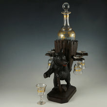 Load image into Gallery viewer, Antique Black Forest Carved Wood Hiking Bear Liquor Tantalus Stand, Wine Decanter &amp; Cordial Glasses Set
