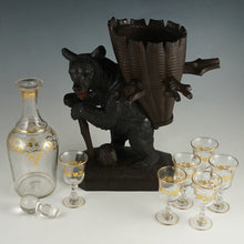 Load image into Gallery viewer, Antique Black Forest Carved Wood Hiking Bear Liquor Tantalus Stand, Wine Decanter &amp; Cordial Glasses Set
