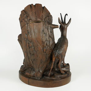 Antique Black Forest Hand Carved Wood Chamois Figural Pipe Holder Stand Tobacco Humidor Jar Box, Glass Eyes