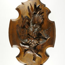 Load image into Gallery viewer, Antique Swiss Black Forest Hand Carved Wood Wall Plaque, Signed Ruef Brothers Brienz, Game Bird Trophy
