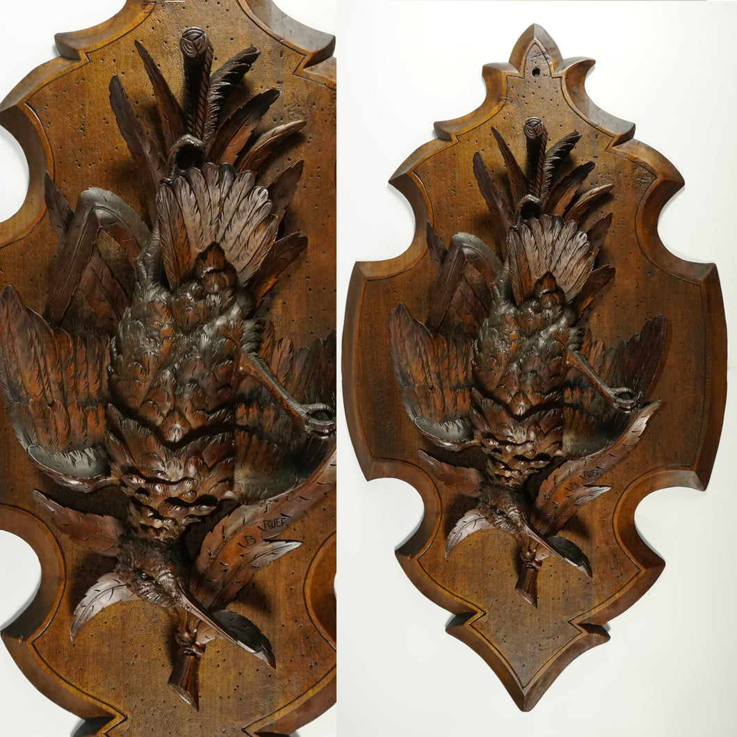 Antique Swiss Black Forest Hand Carved Wood Wall Plaque, Signed Ruef Brothers Brienz, Game Bird Trophy