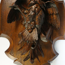 Load image into Gallery viewer, Antique Swiss Black Forest Hand Carved Wood Wall Plaque, Signed Ruef Brothers Brienz, Game Bird Trophy
