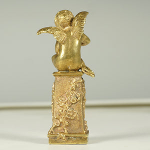 Antique French Gilt Bronze Wax Seal Desk Stamp, Cherub Angel Figure