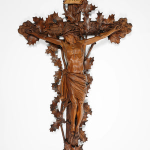 Antique Black Forest Hand Carved Wood Crucifix with Corpus Christi Jesus Christ Religious Wall Sculpture