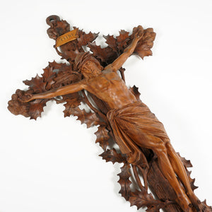 Antique Black Forest Hand Carved Wood Crucifix with Corpus Christi Jesus Christ Religious Wall Sculpture