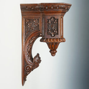Antique Neo Gothic Carved Wood Wall Shelf, Console Bracket, Mascaron Face