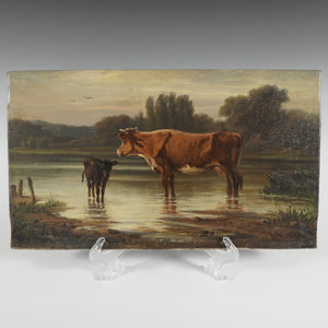 Pastoral Portrait of a Cow & Calf, Signed German Oil Painting, Edmund DITTMANN
