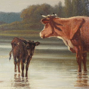 Pastoral Portrait of a Cow & Calf, Signed German Oil Painting, Edmund DITTMANN
