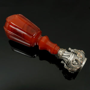 Antique Sterling Silver & Gold Wax Seal Desk Stamp Carnelian Agate Stone Handle Figural Dog Heads & Putti