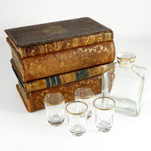 Load image into Gallery viewer, Antique French Trompe l’Oeil Books Liquor Caddy Tantalus Box, Decanter Shot Glasses Mini Bar
