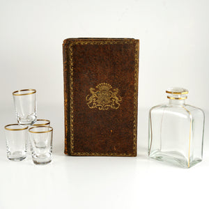 Antique French Trompe l’Oeil Books Liquor Caddy Tantalus Box, Decanter Shot Glasses Mini Bar