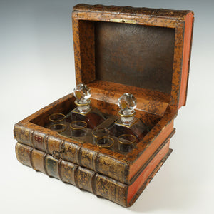 Large Antique French Liquor Caddy Tantalus Box, Decanter & Shot Glasses Trompe l’Oeil Old Leather Books Secret Hidden Mini Bar